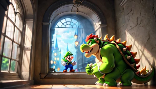 fuel-bowser,yoshi,3d fantasy,wonder gecko,skylander giants,open door,cartoon video game background,cg artwork,hall of the fallen,luigi,big window,3d render,frog king,super mario brothers,doorway,in the door,petrol-bowser,3d rendered,fantasy picture,hallway,Anime,Anime,Cartoon