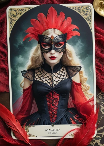 queen of hearts,masquerade,venetian mask,the carnival of venice,marionette,rosella,victorian lady,magician,playing card,fantasy portrait,gothic portrait,red rose,card deck,scarlet sail,black rose hip,porcelain rose,queen of the night,maiden,red heart medallion,vampire lady,Illustration,Realistic Fantasy,Realistic Fantasy 15