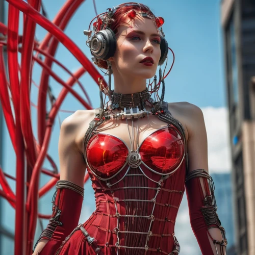 harnessed,darth talon,steampunk,latex clothing,streampunk,cyborg,fantasy woman,cyberpunk,cosplay image,scarlet witch,lady in red,asuka langley soryu,head woman,telephone operator,latex,rubber doll,wearables,neo-burlesque,red,cybernetics,Photography,General,Realistic