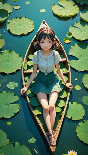 lily pad,girl on the boat,lotus on pond,lily pads,rowing dolle,water lotus,canoeing,lilly pond,baby float,perched on a log,floating over lake,raft,paper boat,lily pond,white water lilies,fishing float,water lily,canoe,giant water lily,waterlily,Illustration,Realistic Fantasy,Realistic Fantasy 12