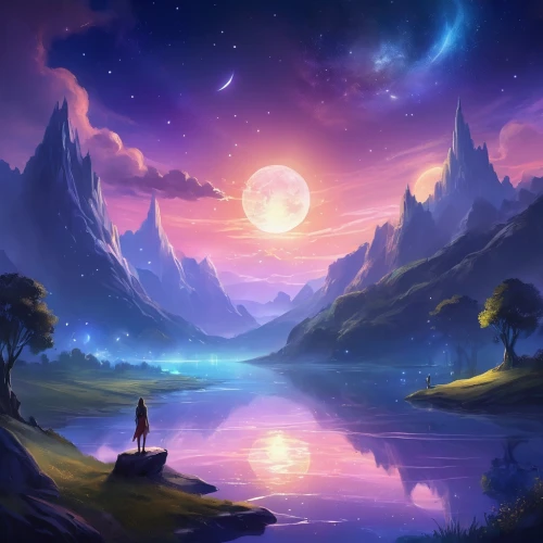 fantasy landscape,fantasy picture,landscape background,purple landscape,moon and star background,dream world,fantasy art,cartoon video game background,dusk background,world digital painting,musical background,dreamland,children's background,beautiful landscape,valley of the moon,the mystical path,background with stones,music background,moonlit night,background images,Illustration,Realistic Fantasy,Realistic Fantasy 01