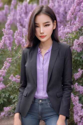 flower background,purple background,business woman,businesswoman,blur office background,real estate agent,korean drama,spring background,phuquy,business girl,springtime background,japanese sakura background,woman in menswear,hydrangea background,floral background,samcheok times editor,portrait background,beautiful girl with flowers,vintage lavender background,japanese floral background,Photography,Realistic