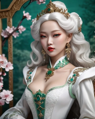 porcelain rose,white rose snow queen,oriental princess,white lady,jasmine blossom,fantasy portrait,realdoll,white blossom,suit of the snow maiden,dahlia white-green,peking opera,fairy tale character,female doll,chinese art,porcelain dolls,white lilac,japanese doll,the snow queen,lilly of the valley,taiwanese opera,Photography,General,Realistic