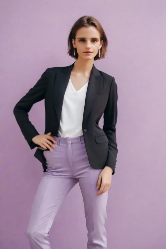 menswear for women,purple background,woman in menswear,pantsuit,business woman,bolero jacket,the purple-and-white,mauve,blur office background,white with purple,businesswoman,suit trousers,purple,business girl,purple-white,white purple,daisy jazz isobel ridley,pink background,navy suit,purple and pink,Photography,Realistic