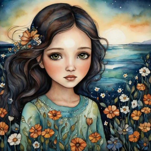 girl in flowers,little girl in wind,seaside daisy,flower painting,beautiful girl with flowers,mystical portrait of a girl,sea of flowers,flower girl,girl picking flowers,sea beach-marigold,vanessa (butterfly),little girl fairy,fantasy portrait,sky rose,flower fairy,windflower,romantic portrait,kahila garland-lily,flora,boho art,Conceptual Art,Daily,Daily 34