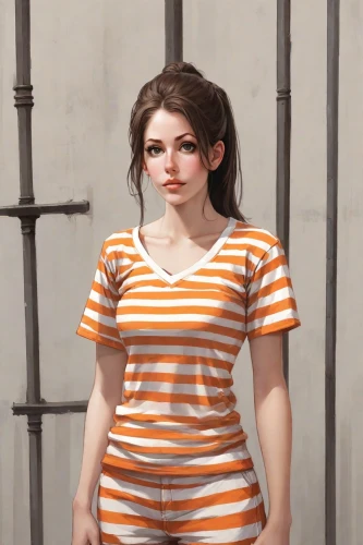 horizontal stripes,striped background,stripes,striped,mime,prisoner,mime artist,stripe,pin stripe,girl in overalls,orange,stripped leggings,3d render,liberty cotton,noodle image,tee,cotton top,overalls,candy cane stripe,clementine,Digital Art,Comic