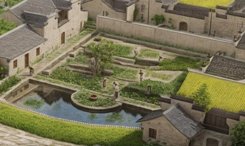 moated castle,moated,monastery garden,courtyard,abbaye de belloc,city moat,alhambra,medieval architecture,alcazar,umayyad palace,caravansary,inside courtyard,abbaye de sénanque,roof landscape,terraced,moat,caravanserai,medieval,knight village,qasr al watan,Landscape,Landscape design,Landscape space types,None