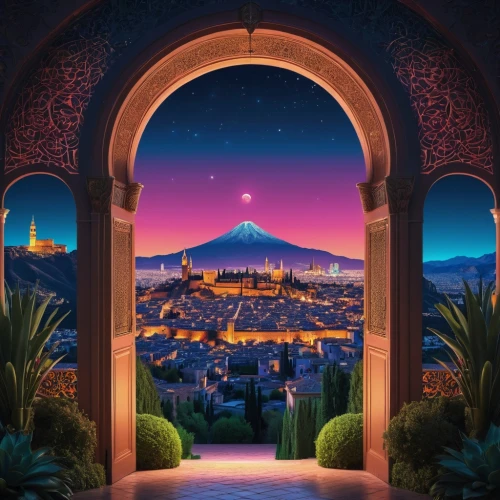 ramadan background,arabic background,alhambra,morocco,pink city,casablanca,riad,marrakesh,damascus,marrakech,cairo,jerusalem,monaco,caravansary,bethlehem,aladdin,fantasy city,istanbul,marseille,alcazar of seville,Conceptual Art,Sci-Fi,Sci-Fi 26