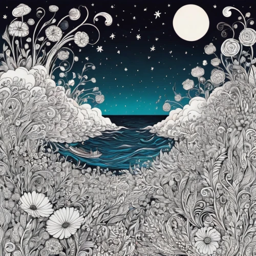 beach moonflower,sea night,lunar landscape,sea-lavender,sea-shore,sea foam,fragrant snow sea,sea landscape,the endless sea,the shallow sea,salt sea,the sea,seawater,seashore,seabed,ocean,sea-life,moonflower,coral reef,sea breeze,Illustration,Black and White,Black and White 05