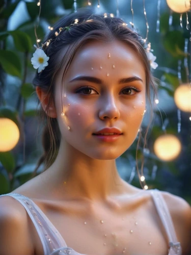 fairy lights,visual effect lighting,beautiful girl with flowers,cinderella,garden fairy,mystical portrait of a girl,girl in a wreath,girl in flowers,fairy queen,flower fairy,fae,faery,faerie,background bokeh,fairy,bokeh effect,lily-rose melody depp,portrait background,natural cosmetic,enchanting,Photography,General,Realistic