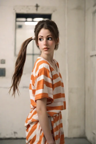 prisoner,teen,horizontal stripes,prison,detention,liberty cotton,video scene,girl walking away,hula hoop,orange,lis,rockabella,ms,isabel,lori,clove,mime,striped background,hula,burglary,Photography,Natural