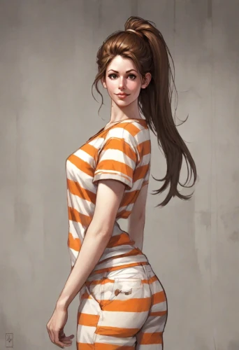 bun cha,croft,prisoner,rockabella,pajamas,girl from behind,horizontal stripes,buns,tied up,honmei choco,striped background,pjs,princess leia,lara,pinup girl,rapunzel,pin-up girl,ms,nurse uniform,hips,Digital Art,Comic