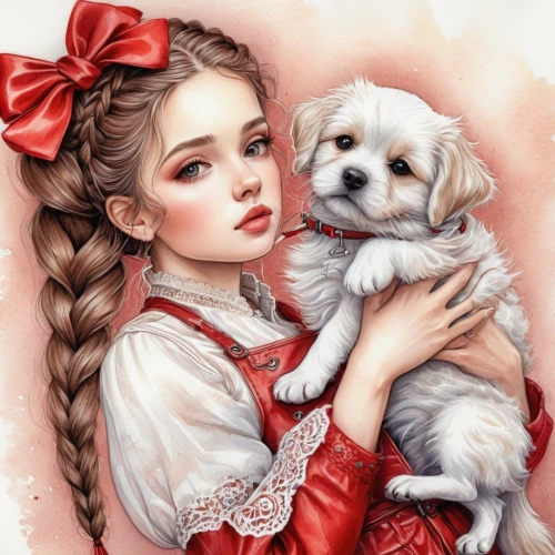 maltepoo,girl with dog,shih tzu,havanese,shih poo,shih-poo,cavachon,dog illustration,yorkipoo,coton de tulear,morkie,english white terrier,japanese terrier,romantic portrait,cavapoo,russell terrier,toy poodle,norfolk terrier,old english terrier,maltese,Illustration,Paper based,Paper Based 02