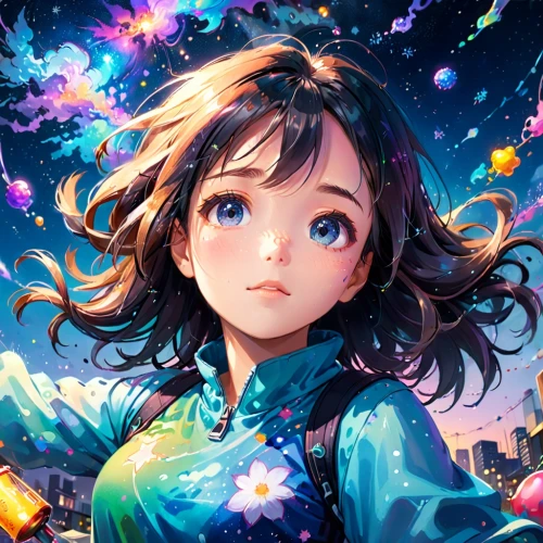colorful stars,fairy galaxy,colorful background,children's background,cg artwork,starry,portrait background,star sky,rainbow and stars,illustrator,galaxy,luminous,fantasy portrait,magical,falling stars,world digital painting,falling star,fantasia,would a background,mystical portrait of a girl,Anime,Anime,Realistic