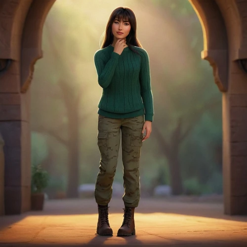 mulan,tiana,katniss,lara,park ranger,in green,digital compositing,vietnamese woman,elf,3d fantasy,background ivy,knee-high boot,asian woman,meteora,cargo pants,cosplay image,girl in a historic way,khaki,ivy,fantasy picture,Illustration,American Style,American Style 08