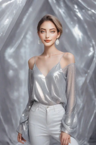 silver,see-through clothing,social,pale,aluminium foil,bolero jacket,portrait background,silver pieces,fashion vector,aluminum foil,silvery,white silk,on a transparent background,transparent background,aluminum,grey background,cardboard background,girl on a white background,3d figure,vintage angel,Photography,Realistic