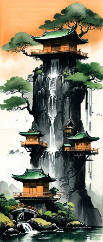 asian architecture,japanese architecture,chinese architecture,japanese art,ryokan,japan landscape,floating islands,tsukemono,chinese art,japanese background,oriental,hanging temple,ancient city,chinese temple,shinto,oriental painting,the golden pavilion,chinese style,forbidden palace,kyoto,Illustration,Paper based,Paper Based 30