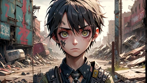 anime cartoon,2d,anime boy,yukio,wasteland,post apocalyptic,scrap yard,anime 3d,scrapyard,lost in war,main character,destroyed city,scrap dealer,anime,cyborg,background images,portrait background,persona,ganai,stray,Anime,Anime,General