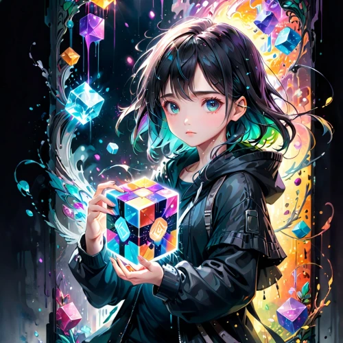 magic cube,prism,elements,nico,cg artwork,prism ball,magician,cubic,magic grimoire,aura,kaleidoscope art,piko,game illustration,magical,crystal,illustrator,magic book,summoner,cyan,luminous,Anime,Anime,Realistic