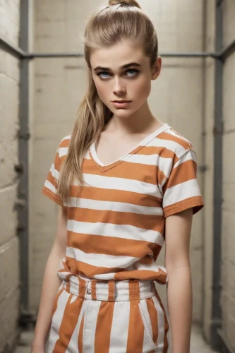 horizontal stripes,prisoner,chainlink,striped background,eleven,orange,liberty cotton,mime,stripes,piper,prison,greta oto,striped,girl in overalls,teen,orla,girl in t-shirt,auschwitz 1,rockabella,mime artist,Photography,Natural