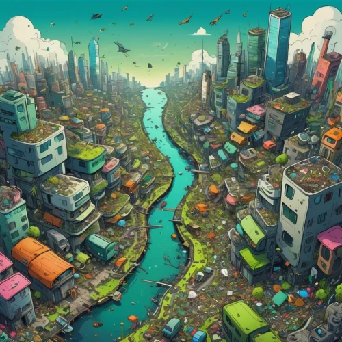 post-apocalyptic landscape,destroyed city,fantasy city,post-apocalypse,urbanization,post apocalyptic,world digital painting,panoramical,metropolis,futuristic landscape,the pollution,dystopia,trash land,city cities,colorful city,other world,cities,pollution,bird kingdom,slum,Illustration,Children,Children 06