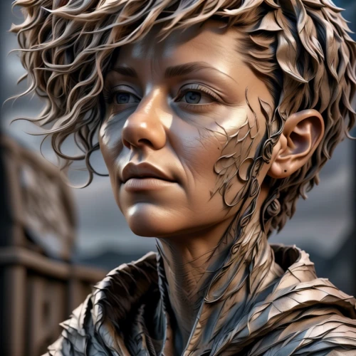 sculpt,fantasy portrait,wood elf,violet head elf,sculptor,gara,raven sculpture,female warrior,fantasy art,dryad,world digital painting,sci fiction illustration,cg artwork,elven,artemisia,warrior woman,digital compositing,avatar,woman sculpture,bodypaint