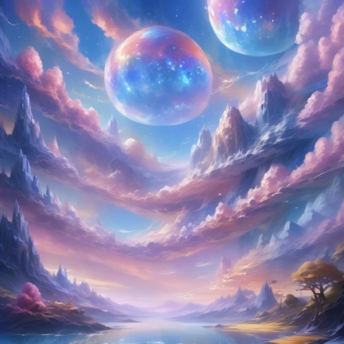 fantasy landscape,fantasy picture,dream world,landscape background,fantasy art,hot-air-balloon-valley-sky,sky,futuristic landscape,fairy galaxy,sea of clouds,moon and star background,fairy world,celestial bodies,lunar landscape,fantasy world,ice planet,planet alien sky,celestial,astral traveler,starscape