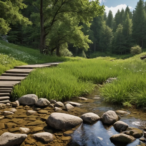 salt meadow landscape,wooden bridge,forest path,wooden path,pathway,mountain stream,hiking path,aaa,mountain spring,landscape background,riparian forest,meadow landscape,green landscape,meadow and forest,brook landscape,mountain meadow,walkway,the mystical path,clear stream,flowing creek,Photography,General,Realistic
