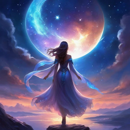 blue moon rose,fantasy picture,moon and star background,violinist violinist of the moon,celestial body,moon phase,moonbeam,moonlight,moonlit,fantasia,blue moon,moonlit night,the moon and the stars,lunar,mystical portrait of a girl,celestial,luna,herfstanemoon,fantasy art,sun moon,Illustration,Realistic Fantasy,Realistic Fantasy 01