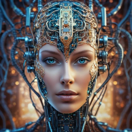 biomechanical,cybernetics,cyborg,humanoid,priestess,ai,medusa,head woman,artificial intelligence,gemini,cyberpunk,scifi,fractalius,computer art,shaman,meridians,fantasy art,fantasy portrait,avatar,cleopatra,Photography,General,Cinematic