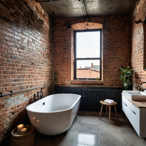 luxury bathroom,bathtub,modern minimalist bathroom,red brick wall,red brick,baths,washbasin,bathroom,tiled wall,brick house,tub,bath,sand-lime brick,brickwork,bathtub accessory,shower bar,cistern,loft,core renovation,red bricks,Photography,General,Realistic