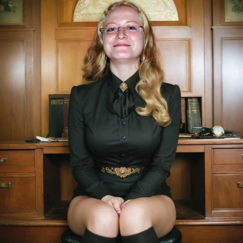 secretary,girl in a historic way,librarian,portrait of christi,portrait of a girl,gothic portrait,a wax dummy,composites,academic dress,academic,sitting on a chair,the girl studies press,senior photos,school skirt,with glasses,school uniform,scholar,a girl in a dress,business woman,girl at the computer