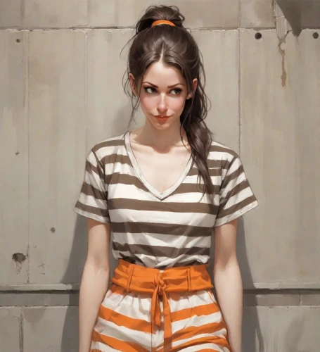 horizontal stripes,striped background,striped,stripes,girl in overalls,stripe,orange,clementine,mime,overalls,anime japanese clothing,mime artist,overall,pippi longstocking,orange half,pin stripe,orange color,central stripe,checkered,pigtail,Digital Art,Comic