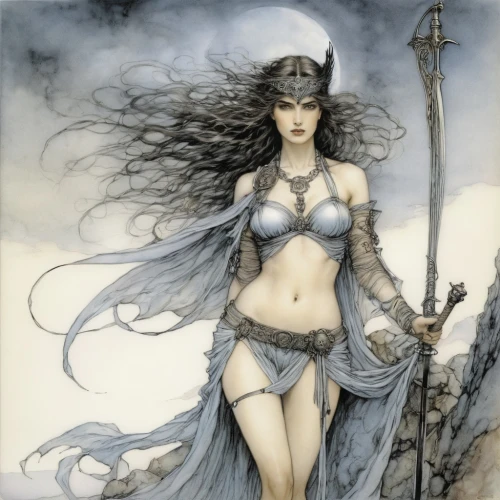 fantasy woman,cybele,heroic fantasy,celtic queen,the enchantress,dark elf,sorceress,fantasy art,rusalka,warrior woman,goddess of justice,wind warrior,athena,priestess,the sea maid,female warrior,maiden,sea fantasy,tour to the sirens,loreley,Illustration,Retro,Retro 25