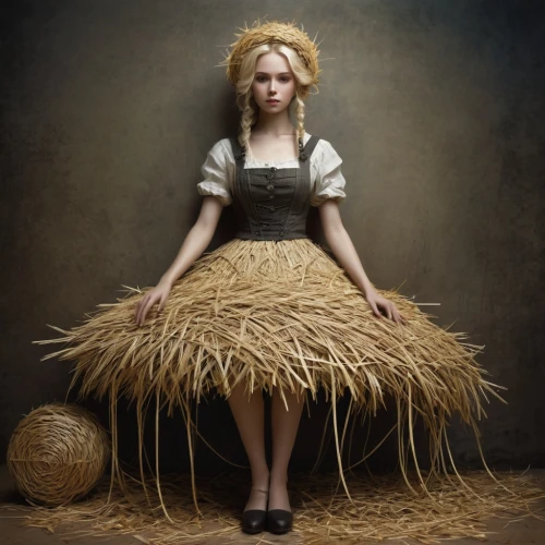 woman of straw,straw doll,girl with bread-and-butter,hoopskirt,straw man,basket weaver,straw bale,wicker basket,basket maker,wicker,wooden doll,rice straw broom,basket weaving,hericium,girl in a wreath,needle in a haystack,sweetgrass,strands of wheat,pile of straw,harvest festival,Conceptual Art,Fantasy,Fantasy 11