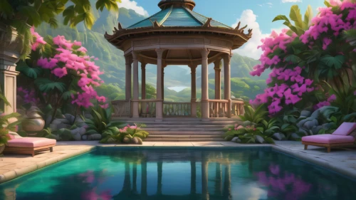 pool house,gazebo,wishing well,tropical bloom,cabana,idyllic,bougainvillea,summer cottage,summer house,resort,bougainvilleas,oasis,aqua studio,swimming pool,idyll,tropical house,underwater oasis,summer background,roof landscape,holiday villa,Photography,General,Natural