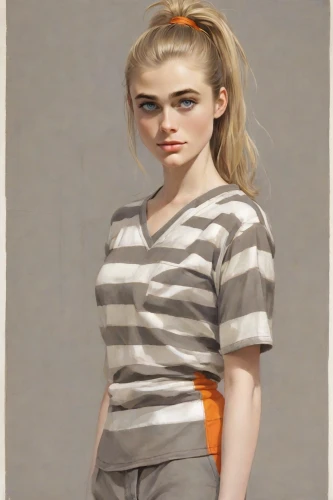 clementine,portrait background,girl with cloth,portrait of a girl,digital painting,girl in t-shirt,chainlink,girl in a long,female model,art model,striped background,young woman,polo shirt,lilian gish - female,girl portrait,artist portrait,horizontal stripes,grey background,young lady,girl in cloth,Digital Art,Poster