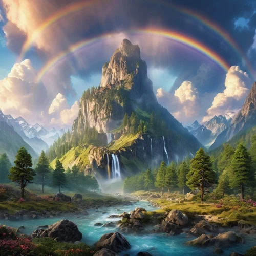 fantasy landscape,rainbow background,rainbow bridge,fantasy picture,landscape background,double rainbow,rainbow clouds,rainbow world map,rainbow and stars,3d fantasy,rainbow,pot of gold background,fantasy art,world digital painting,fairy world,raimbow,beautiful landscape,full hd wallpaper,rainbow colors,mountain landscape,Photography,General,Realistic