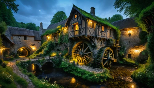 hobbiton,fairy village,water mill,3d fantasy,fantasy picture,witch's house,fantasy landscape,a fairy tale,fairy tale castle,fantasy art,fairy tale,crooked house,fairytale,escher village,knight village,fairy house,miniature house,fairytale castle,medieval town,hobbit,Photography,General,Fantasy