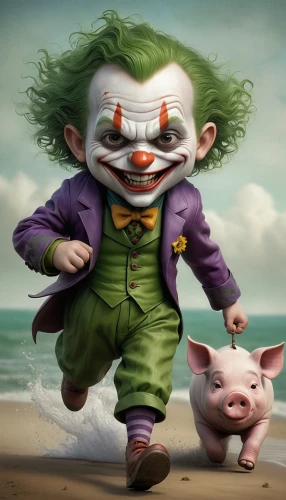 joker,scary clown,creepy clown,it,clown,horror clown,anthropomorphized animals,rodeo clown,bay of pigs,financial crisis,kids illustration,circus animal,financial world,trickster,greed,world digital painting,ronald,run,pig,banker,Illustration,Abstract Fantasy,Abstract Fantasy 06