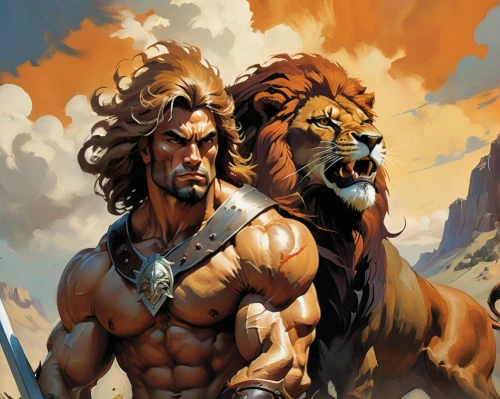 two lion,lion father,hercules,lion,male lions,barbarian,male lion,scar,hercules winner,lions,forest king lion,lion number,lion - feline,warrior and orc,lion children,lion head,lion with cub,lion king,tarzan,poseidon,Conceptual Art,Oil color,Oil Color 04