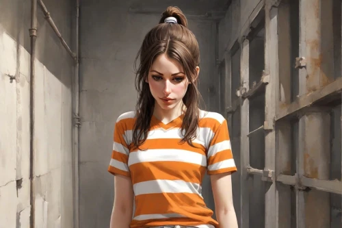 prisoner,isolated t-shirt,girl in t-shirt,horizontal stripes,girl in a long,girl walking away,prison,the girl in nightie,girl with gun,girl with a gun,striped background,women clothes,croft,girl sitting,detention,handcuffed,rust-orange,arbitrary confinement,women's clothing,pigtail,Digital Art,Comic