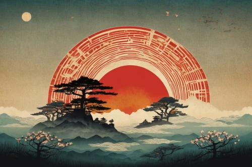 cool woodblock images,red sun,rising sun,japanese waves,torii,temples,japanese wave,japanese background,japanese art,kyoto,japan landscape,the japanese tree,woodblock prints,tsukemono,japanese garden ornament,musical background,kumano kodo,japanese floral background,sōjutsu,japanese wave paper,Illustration,Realistic Fantasy,Realistic Fantasy 35