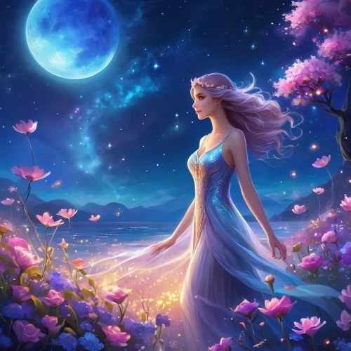 blue moon rose,fantasy picture,fairy galaxy,mermaid background,fantasia,moon and star background,rapunzel,la violetta,fairy queen,rosa 'the fairy,zodiac sign libra,queen of the night,faerie,blue enchantress,fantasy art,purple moon,horoscope libra,blue moon,celtic woman,jasmine blue,Illustration,Realistic Fantasy,Realistic Fantasy 01