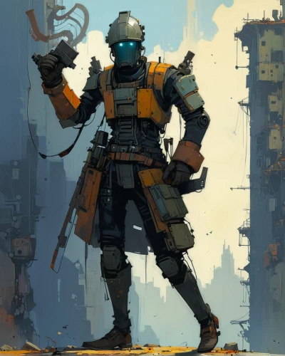 mech,mercenary,construction worker,tau,aquanaut,combat medic,the wanderer,engineer,scrap collector,detonator,scrap dealer,beekeeper,transistor,mecha,boba fett,military robot,bastion,respirator,gunsmith,nomad,Conceptual Art,Sci-Fi,Sci-Fi 01