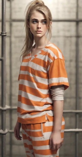 prisoner,prison,horizontal stripes,in custody,arbitrary confinement,liberty cotton,drug rehabilitation,criminal,isolated t-shirt,chainlink,jumpsuit,handcuffed,long-sleeved t-shirt,women clothes,women's clothing,offenses,auschwitz 1,detention,orange,striped background,Photography,Natural