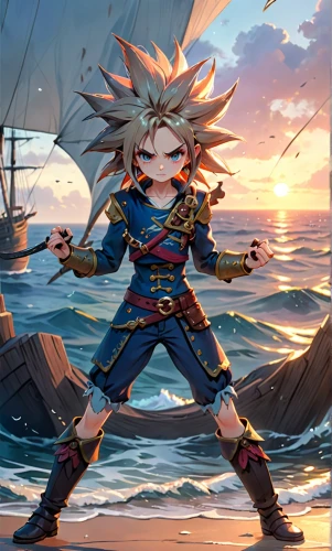 sanya,2d,sea god,sailing saw,wind warrior,killua,at sea,nautical star,pirate,god of the sea,delta sailor,nautical children,seafaring,neptune,etna,sea fantasy,ocean background,dusk background,alibaba,uruburu,Anime,Anime,General