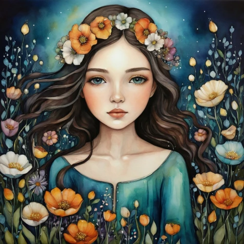 girl in flowers,boho art,flower painting,beautiful girl with flowers,kahila garland-lily,mystical portrait of a girl,girl in a wreath,flower girl,flora,flower fairy,falling flowers,fantasy portrait,girl picking flowers,oil painting on canvas,girl in the garden,blooming wreath,forget-me-not,wreath of flowers,flower crown,flower art,Conceptual Art,Daily,Daily 34