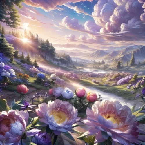 field of flowers,flower field,blooming field,sea of flowers,fantasy landscape,landscape background,landscape rose,blanket of flowers,flowers field,flower background,splendor of flowers,everlasting flowers,meadow in pastel,fantasy picture,tulip field,beauty scene,springtime background,spring background,purple landscape,flower garden