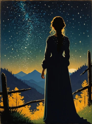 woman silhouette,silhouette art,starry night,the stars,pilgrim,travel poster,silhouette,map silhouette,star mother,astronomer,star illustration,perseids,firefly,starry sky,fireflies,stargazing,star sky,falling stars,the night sky,the wanderer,Art,Classical Oil Painting,Classical Oil Painting 14